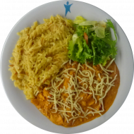 Hähnchengyros in Metaxasoße mit Paprika, Zwiebel und Knoblauch (19) dazu Kritharaki (3,19,81) 