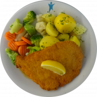 Schweineschnitzel mit Zitronenkeil (51,81) und Bratensoße (81) dazu Petersilienkartoffeln und Mischgemüse