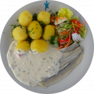 Marinierter Hering oder Matjes nach 'Hausfrauen Art' (1,2,3,4,9,15,16,19,22,81) mit Petersilienkartoffeln dazu Chemnitzer Salat