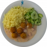 Vegan: 6 frittierte Kichererbsenbällchen 'Falafel' (81), mediterraner Sojajoghurt-Dip (3,18), Bratreis, Gurkensalat mit Dill