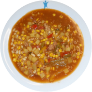 Würziges Chili con Carne mit Hackfleisch, Kidneybohnen, Mais, Chili, Kartoffeln und Paprika (3,52,81), dazu ein Weizenbrötchen(81)