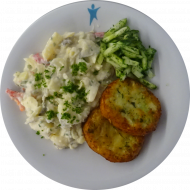 2 Mais-Lauch-Rösti (15,19), Kartoffelsalat nach 'Hausfrauen Art' (3,9,15,19,21,81) und kleiner Gurkensalat mit Dill