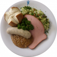 'Münchner Schlemmerplatte' mit Weißwürst'l, Fleischkäß und süßem Senf (2,3,8,21,22,51,52) dazu warmer Speckkartoffelsalat (9,22,51) und 1 Laugenbrötchen (81,83)