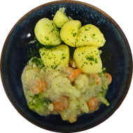 Gemüseragout mit Blumenkohl, Brokkoli, Erbsen, und Sojasahne (1,18,22) dazu Petersilienkartoffeln. Auch als kleine Portion erhältlich. Gemüseragout mit Blumenkohl, Brokkoli, Erbsen, und Sojasahne (1,18,22) dazu Petersilienkartoffeln. Auch als kleine Portion erhältlich.