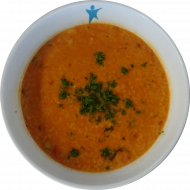 Vegan: Orientalische Tomaten-Couscous-Suppe mit Knoblauch und Basilikum (2,18,49,81), Mini-Kaiserbrötchen (81,83)