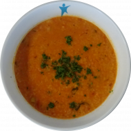 Orientalische Tomaten-Couscous-Suppe mit Knoblauch und Basilikum (2,18,49,81), Weizenbrötchen (81)