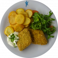 Vegan: 2 Nuss-Brokkoli-Karree's (21,81,84) mit hausgemachtem Mayonaise-Dip (18,22), Kartoffelchips und Salatgarnitur