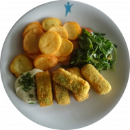 Vegan: 5 Gemüsekroketten 'Gärtnerin Art' (21,81) mit hausgemachtem Mayonaise-Dip (18,22), Kartoffel-Chips und Salatgarnitur