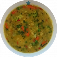 Fisch-Curry-Topf mit Brokkoli, rote Linsen, Knoblauch und Kokosmilch (2,16,49,81), Roggenmischbrot (81,82,83)