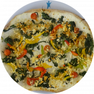 'Tarte-flambee-Athens' - Flammkuchen mit Schmand, Spinat, Paprika, Kirschtomaten und Knoblauch (19,49,81)