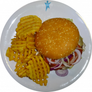 'Classic Cheeseburger' mit Rinderpatty, Lollo Bionda, Zwiebeln, Gouda und Tomaten (1,9,15,19,22,23,81,83)dazu Gitterkartoffen