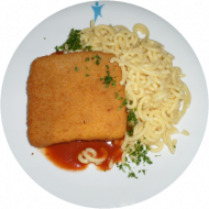 Jägerschnitte (15,19,51,81) mit Tomatensoße (81) dazu Pasta (81)