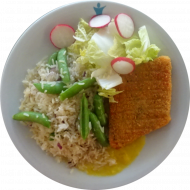 Chinaschnitte Hongkong (21,22,81) mit Curry-Mango-Soße (49,81,83), Bratreis mit Zuckerschoten und Salatgarnitur