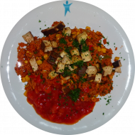 Couscouspfanne(81,49) mit buntem Gemüse und Räuchertofuwürfeln(18) dazu Tomatenrelish