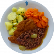 'Winzerschnitzel' vom Schwein mit Speck-Zwiebelschmelze und Weintrauben (2,15,24,44,51,81) dazu Petersilienkartoffeln und Möhrengemüse 