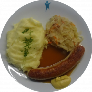 Thüringer Roster mit Senf (21,22,51) und Bratenjus (81) dazu Sauerkraut mit Speck (51) und hausgemachter Kartoffelpüree (19)