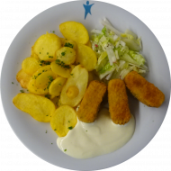 3 Gemüsekroketten 'Gärtnerin Art' (21,81) mit hausgemachtem Mayonnaise-Dip (18,22) dazu Kartoffel-Chips und Salatgarnitur