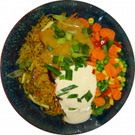 'Veggie-Bowl' Gewürzreis(21,49) mit Stangensellerie, roten Zwiebeln und Zucchini dazu mexikanisches Gemüse und hausgemachtes Mango-Chutney(81) und/oder Soja-Chili-Dip(18)