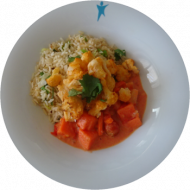 Kleine Portion: 'Tandooriblumenkohl' mit Linsen-Ananas-Curry (1,3,18,22) und Basmati-Reis
