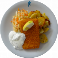 Gebackenes Seelachsfilet (16,81) an Creme fraiche Dip (9,15,81) dazu Bratkartoffeln und Salatgarnitur