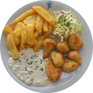 Blumenkohlnuggets in Backteig (15,81) an Kräuterremoulade (9,15,19,81) dazu Steakhouse Pommes und Salatgarnitur