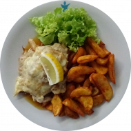Hähnchenbrust 'Cordon bleu' (1,19,22,24,44,54,81) dazu Kartoffelspalten und Lollo Bionda-Salat (22) 