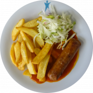 NEU im Angebot: Beyond © Bratwurst (1) mit Currysoße BBQ-Style (21,81) Steakhouse Fries und Garnitur