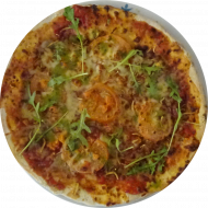 Pizza 'Dr. Bob' mit Insekten-Topping, Tomate, Gouda und frischem Basilikum (9,19,22,49,50,81)