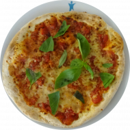 Pizza vegetarisch mit Tomate, Gouda und frischem Basilikum (9,19,22,49,81)