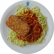 Rucola-Süßkartoffel-Schnitte (81,83) mit Tomaten-Basilikum-Soße dazu Pesto-Spaghetti (81)