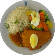 Hähnchenbrustschnitzel 'Cordon bleu' mit Zitronenecke (2,7,8,19,54,81) an Geflügelsoße (54,81) und feine Gemüsemischung dazu gebutterter Reis (19)