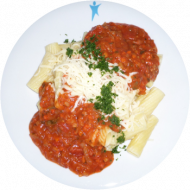 Pasta (81) mit Gemüsebolognese (21) dazu geriebener Hartkäse (15,19,47) oder veganer Reibekäse (1,2)