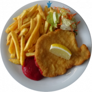 Schweineschnitzel (15,81) mit Ketchup oder Mayonnaise (9,15,22,81) dazu Pommes frites und Salatgarnitur (9)