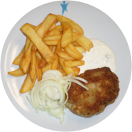 Bifteki mit Hirtenkäse, roten Zwiebeln und Knoblauch (15,19,49,51,52,81) dazu hausgemachter Zaziki (19,49), Pommes frites und Weißkraut-Paprika-Salat