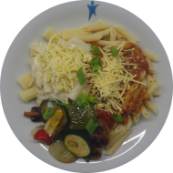 Pastabar (81) mit Käse-Kräuter-Soße (1,2,19,81) oder Sauce all arrabbiata (81) dazu geriebener Gouda oder vegane Reiberei und buntes Gemüse