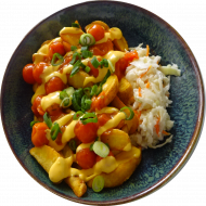Tasty fried Cheesy Potato Wedges dazu Kirschtomatenragout und Coleslaw (2,3,9,15,19,22)