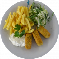 Gemüsekroketten 'Gärtnerin Art' (21,81) mit hausgemachtem veganem Mayonnaise-Dip (18,22) dazu Pommes Frites und Salatgarnitur