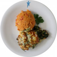 Seelachs mit Blattspinat, Mozzarella und Mandeln überbacken dazu Tomaten- Vollkornreis (16,19,56,71,81)