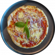 Pizza 'Tonno' mit Thunfisch, roten Zwiebelringen, Champignons, Tomaten und Gouda überbacken (16,19,85)