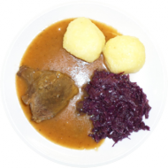 Rinderschmorbraten(21,22,24,44,52,81) mit Rotkraut(51,81) dazu Kartoffelklöße(2,3,24)