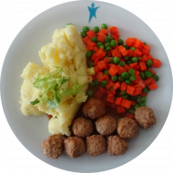 9 schwedische Köttbullar (15,51,52,81) an Zwiebelsoße (81) mit Mischgemüse dazu Petersilienpüree (3,19)