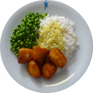 Kleine Portion: Fischnuggets im Backteig (15,16,19,81) mit Currysoße (81) und Erbsengemüse dazu Basmatireis