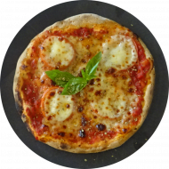 Pizza 'Margherita' mit Tomaten, Mozzarella und frischem Basilikum (19,22,49,81)