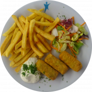 3 Gemüsekroketten 'Gärtnerin Art' (21,81) mit hausgemachtem veganem Mayonnaise-Dip (18,22) dazu Pommes frites und Salatgarnitur