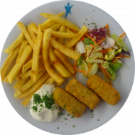 3 Gemüsekroketten 'Gärtnerin Art' (21,81) mit veganem Zaziki (3,18,49) dazu Pommes frites und Salatgarnitur