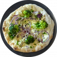 Pizza mit Brokkoli, Champignon und Creme fraiche (19,81)