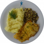 mensaVital: Seelachsfilet in Ei-Dill-Hülle auf Balsamicolinsen mit Meerrettichkartoffelstampf (15,16,19,22,24,81)