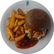 Burger 'Pulled-Chicken' mit Aprikosen-BBQ-Soße und Zitronenkohl (2,3,5,9,21,24,48,49,54,81,83) dazu Rustico Frites