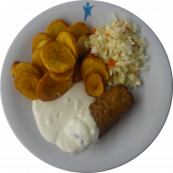 Hirtenrolle mit Frischkäsefüllung (15,18,19,49,51,81) und Aioli-Dip (9,15,19,49,81) dazu gebackene Knoblauchkartoffeln (49) und Weißkraut-Tomaten-Salat