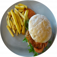 Sie können aus 6 verschiedenen Burgervariationen wählen. Heutige Tagesempfehlung: Burger 'Italiano' mit Tomaten-Mozzarella-Patty, Rucola, Tomatendip und Zwiebeln (9,15,19,81,83) als Menüoption: verschiedene Pommes 